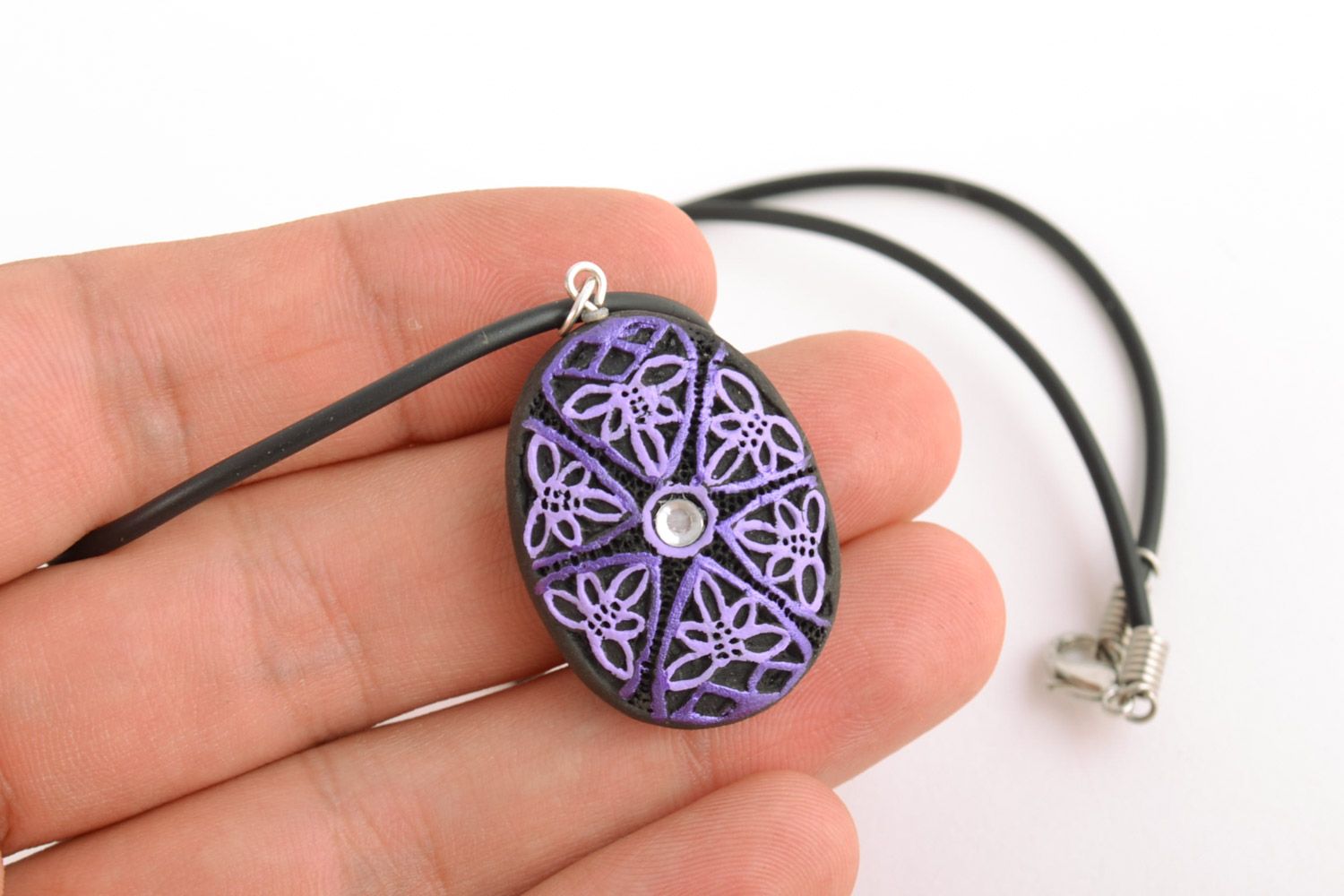 Black and lilac handmade clay pendant painted with acrylics photo 2