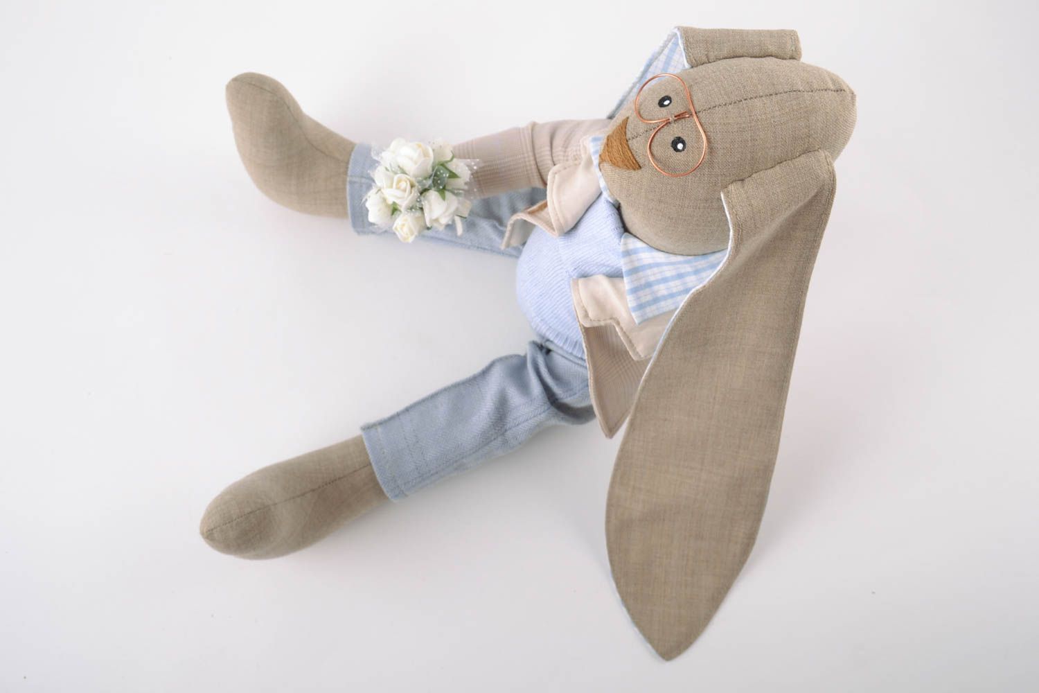 Handmade linen fabric soft toy rabbit gentleman in suit with flower bouquet photo 4