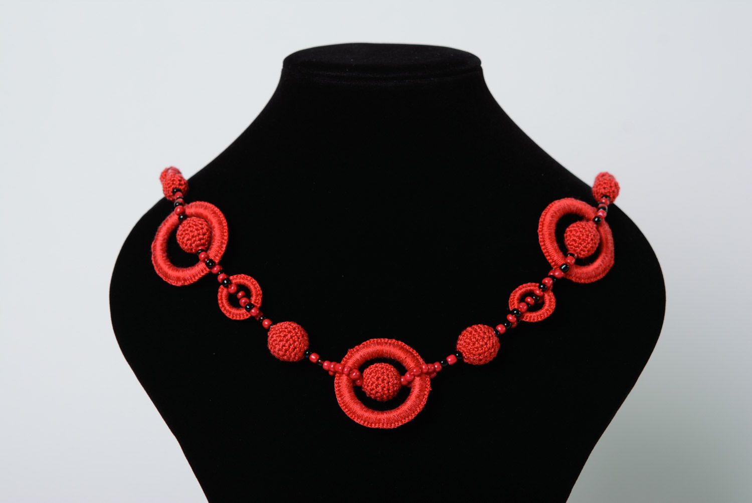 Festive handmade necklace crocheted of red cotton threads for women photo 1