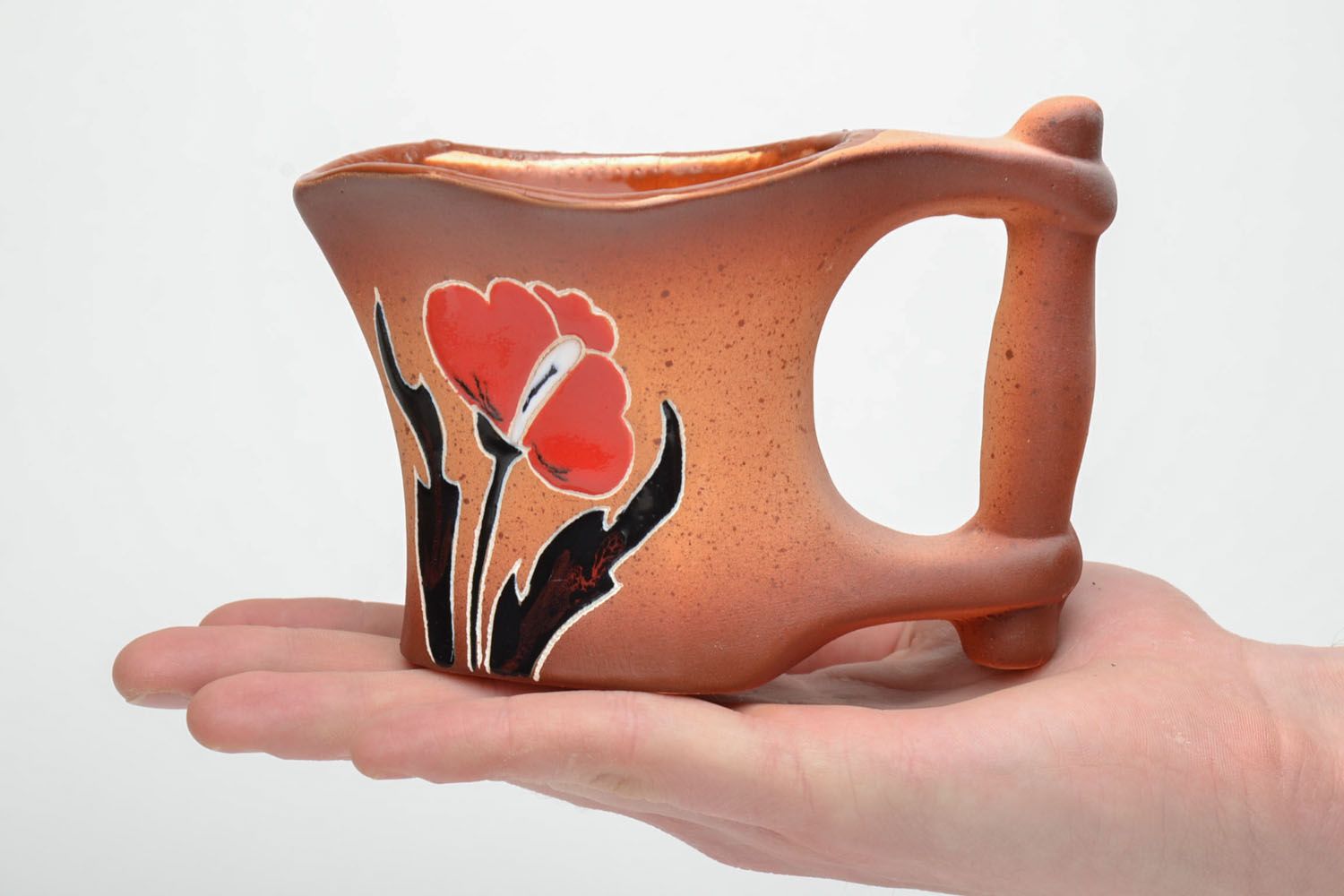Medium size 8 oz clay glazed decorative ceramic mug with red hot poppies pattern photo 5