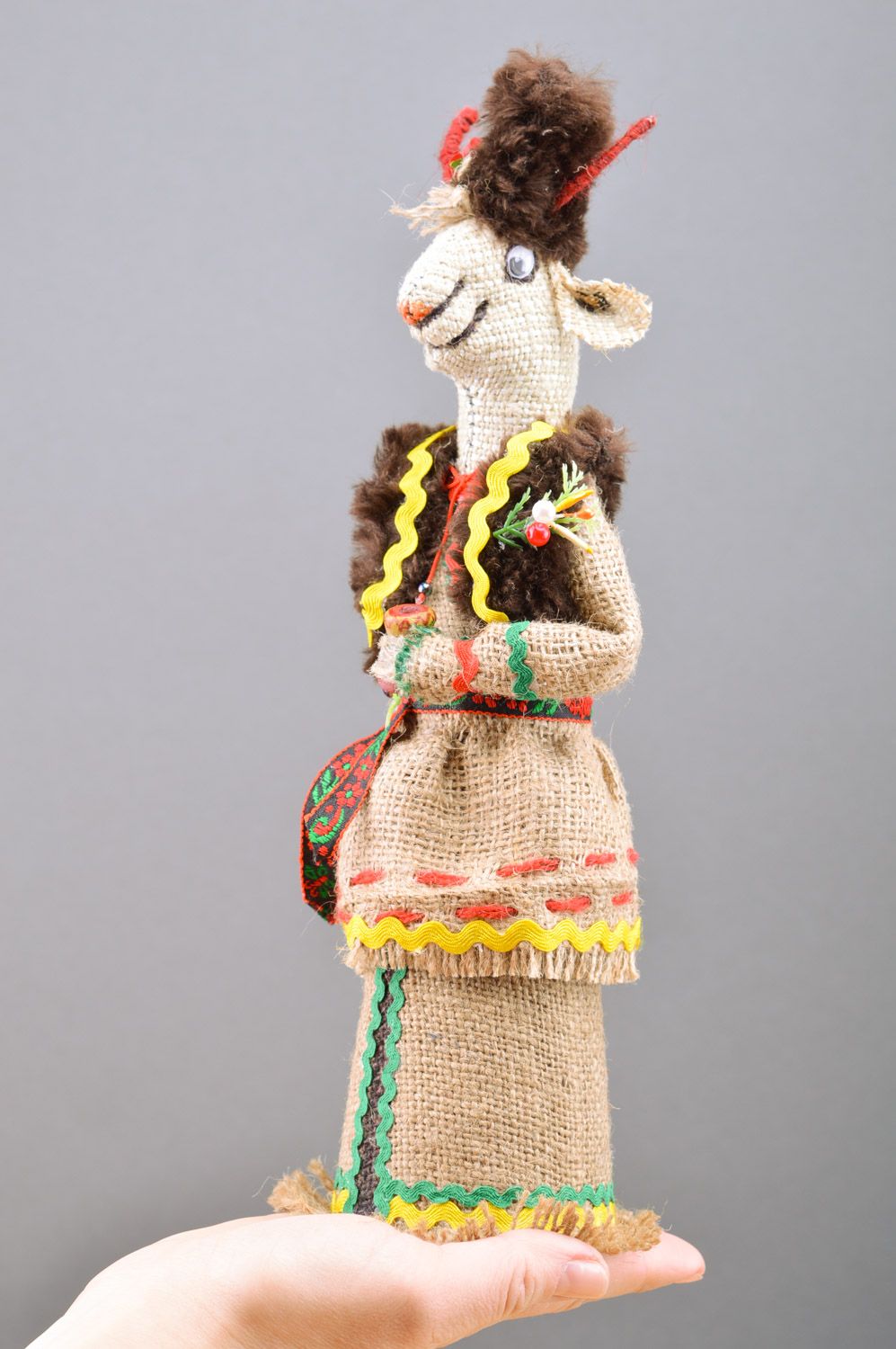 Handmade decorative bottle cozy in the shape of goat sewn of burlap and fur  photo 2