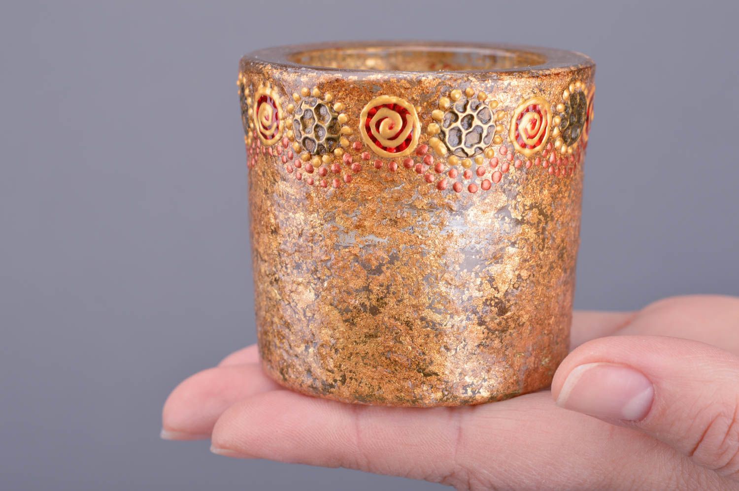 Schöner Glas Kerzenhalter mit Bemalung goldfarbig für Haus Dekor handmade foto 3