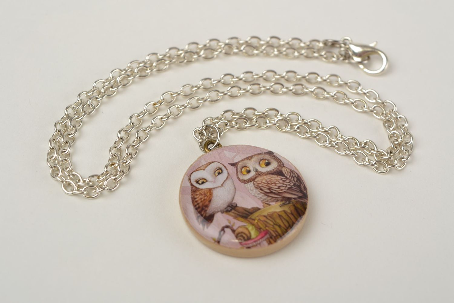 Beautiful handmade jewelry set plastic earrings and pendant with decoupage Owls photo 5