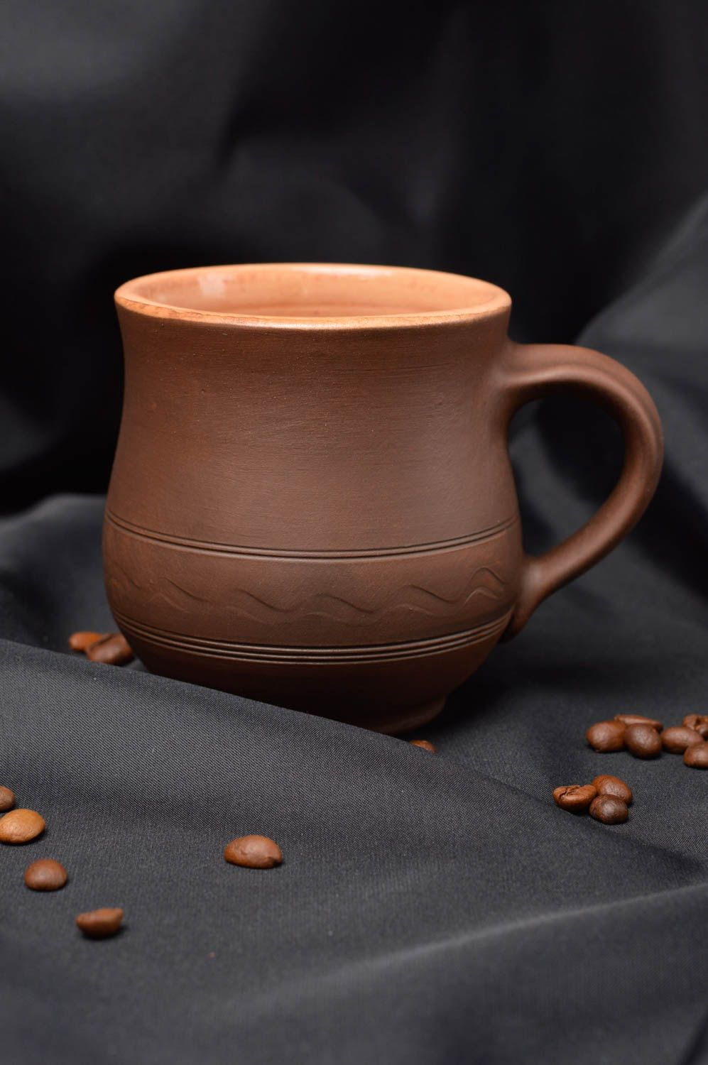 8 oz brown glazed coffee cup in pot shape with handle and classic rustic pattern photo 6