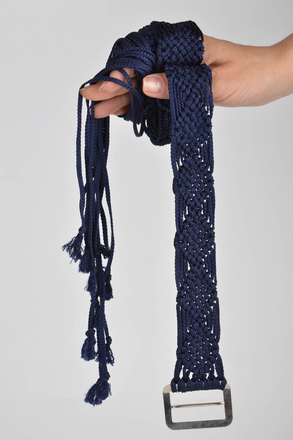 Stylish handmade designer women's blue woven cord belt with metal buckle photo 3