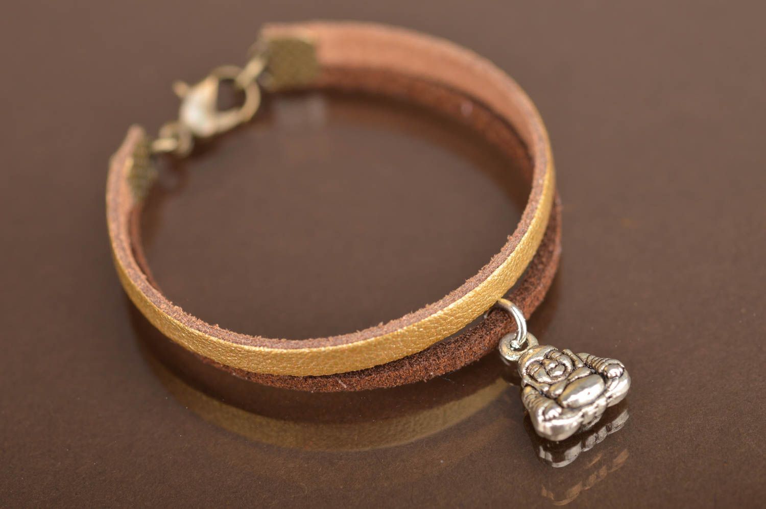 Genuine leather bracelet with charm handmade stylish accessory with Buddha photo 3