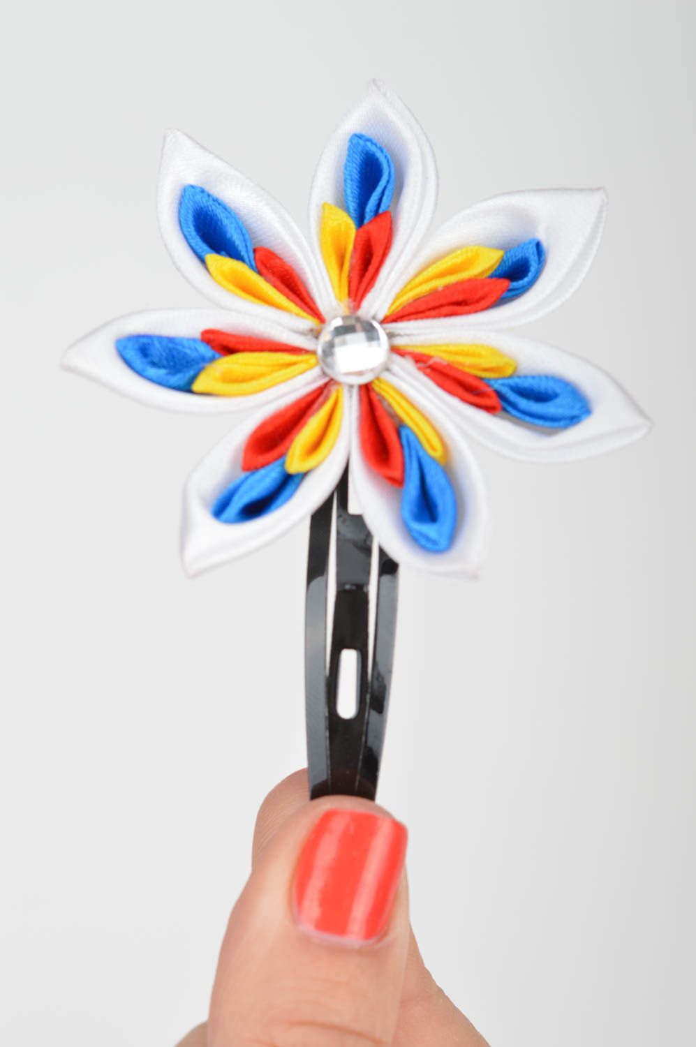 Handmade designer hair clip will large colorful fabric kanzashi flower photo 3