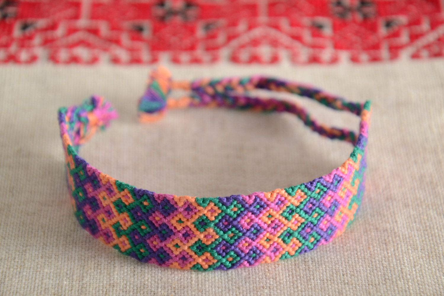 Handmade colorful friendship wrist bracelet woven of embroidery floss for women photo 1