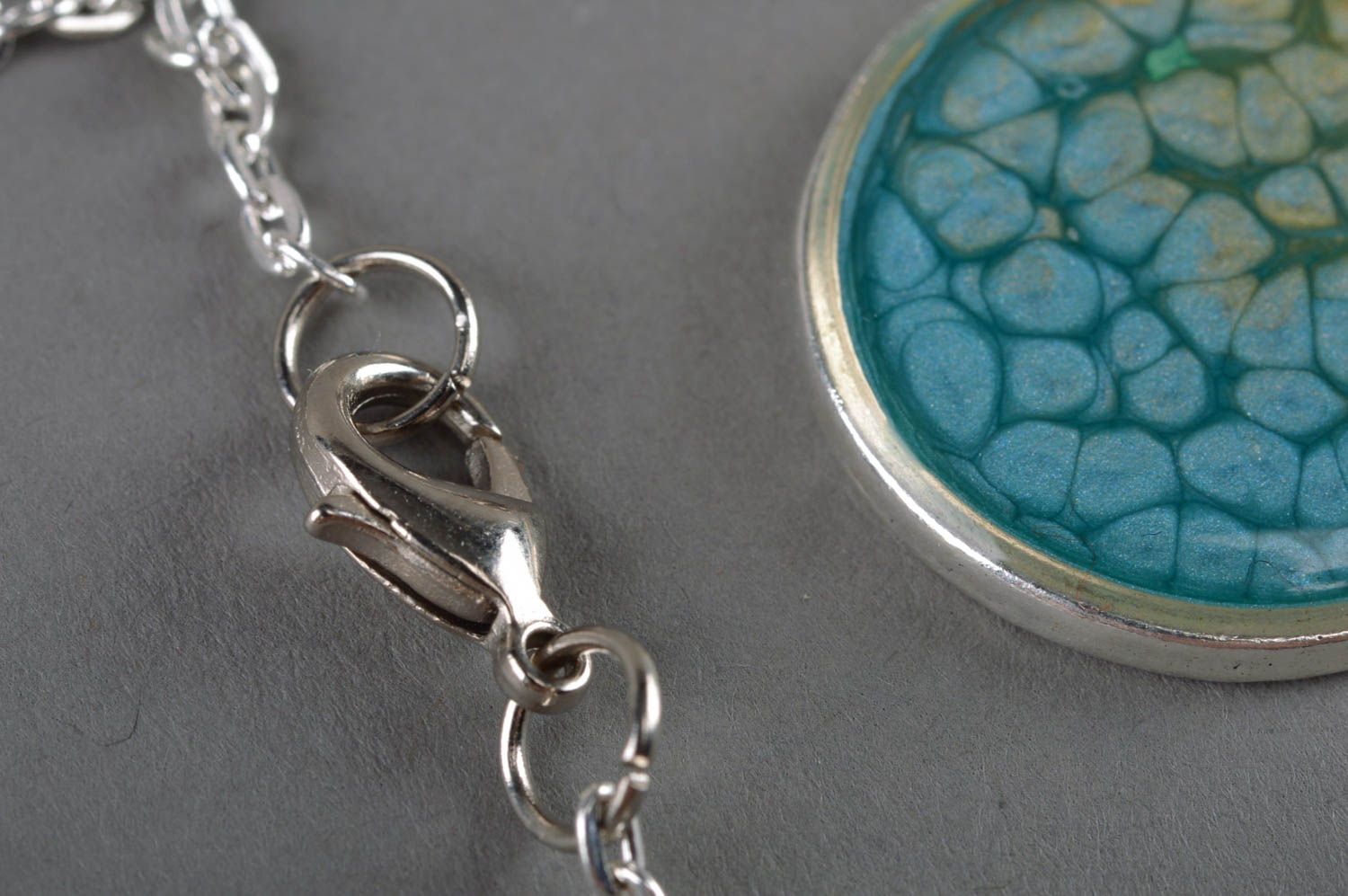 Unusual stylish blue handmade round neck pendant with long chain photo 3
