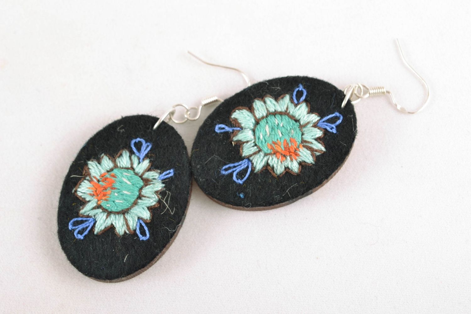 Oval earrings made of wood and felt with embroidery photo 4