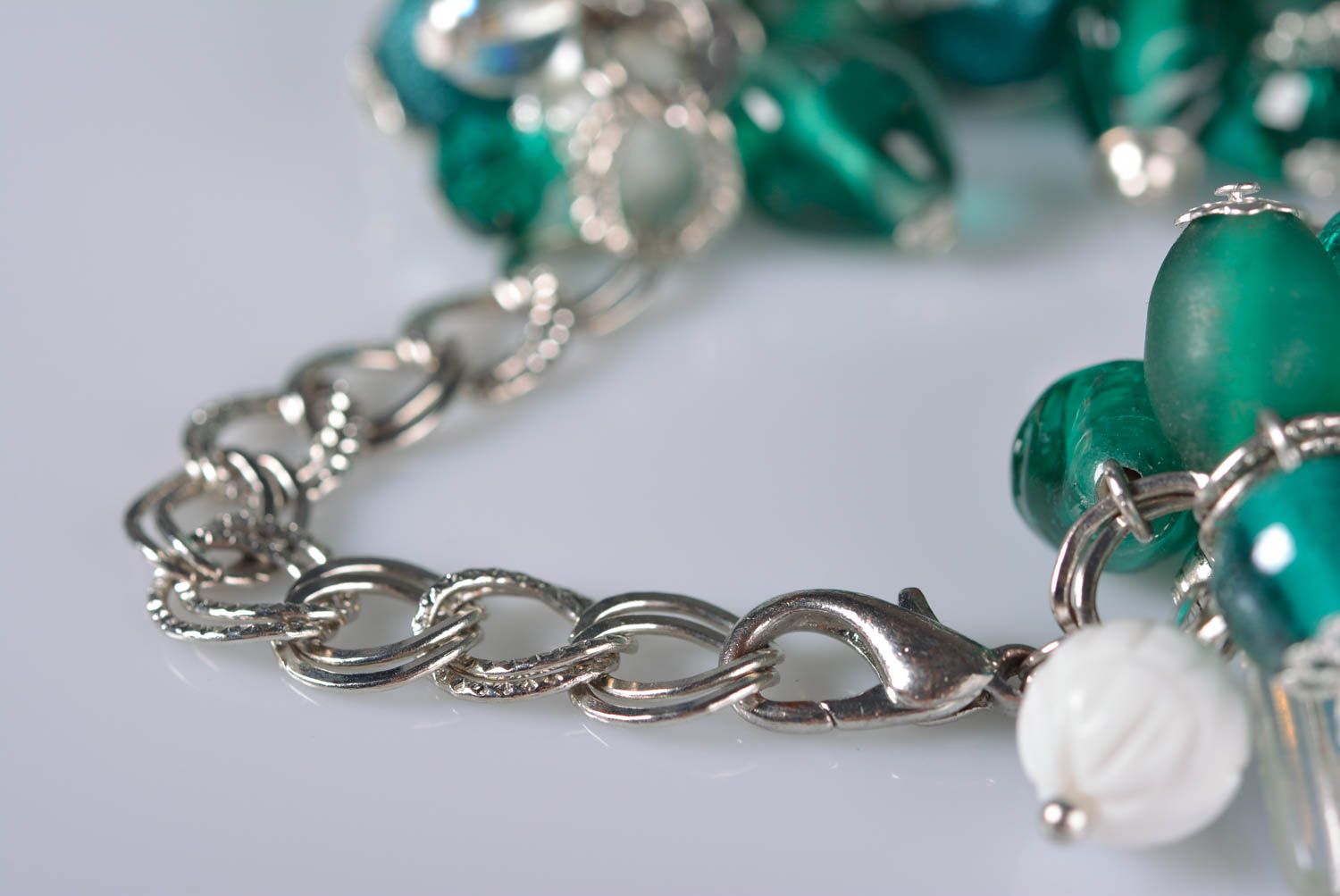 Dark green and silver beads charm chain bracelet women photo 5
