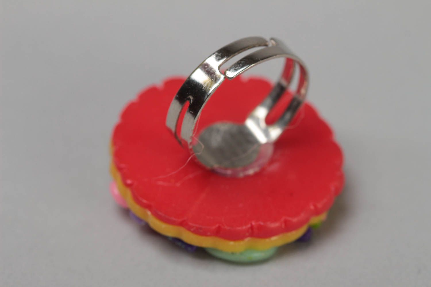 Handmade massive jewelry ring with colorful polymer clay top and metal basis photo 4