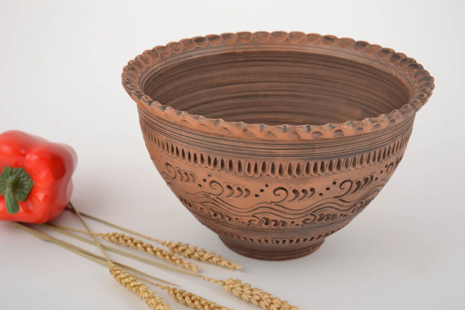 Big handmade designer ceramic bowl with patterns 3 l capacity photo 1