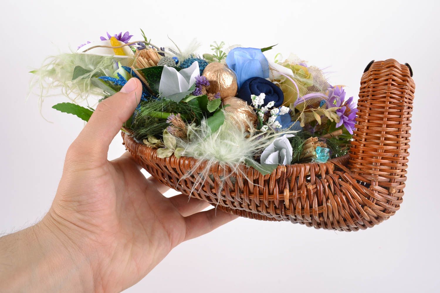 Handmade decorative composition woven duck basket with artificial flowers photo 4
