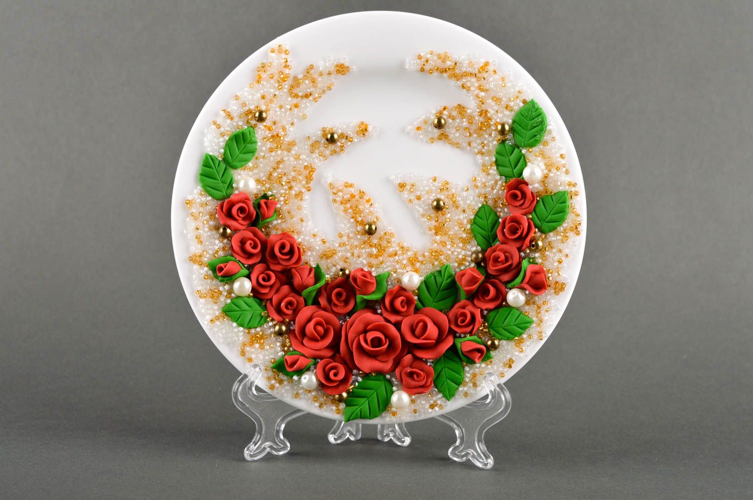 Assiette décorative Décoration fait main Vaisselle déco avec fleurs rouges photo 1