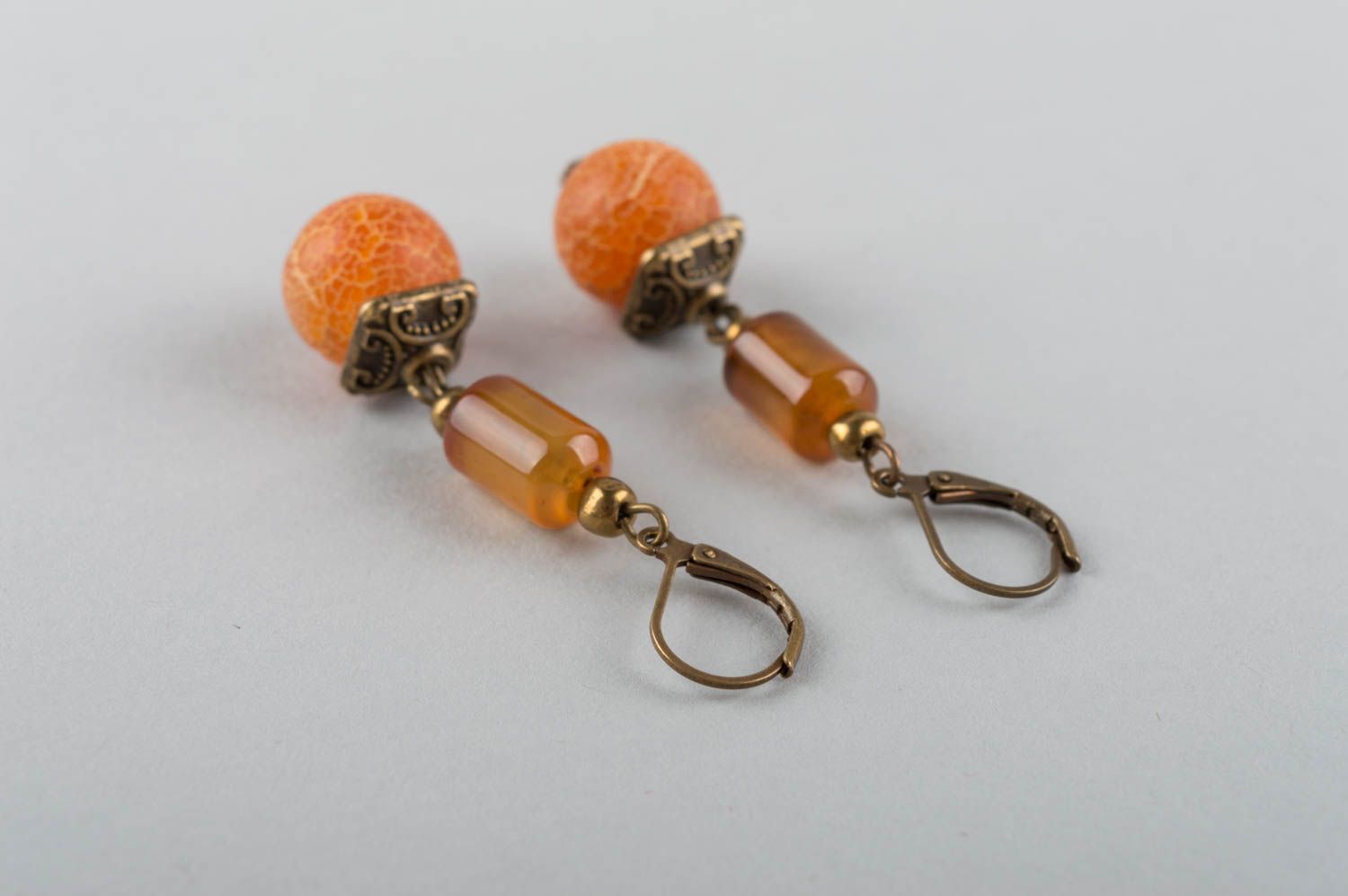 Refined handmade designer brass earrings with orange natural agate stone beads photo 4