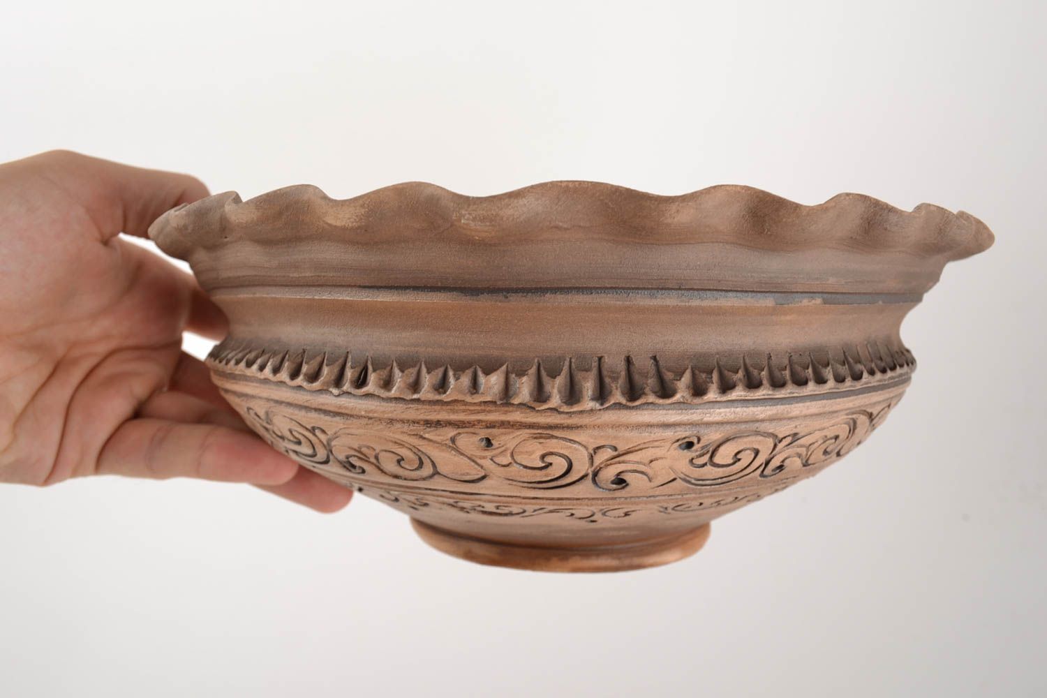 Beautiful handmade designer patterned clay bowl of brown color 2 l photo 5
