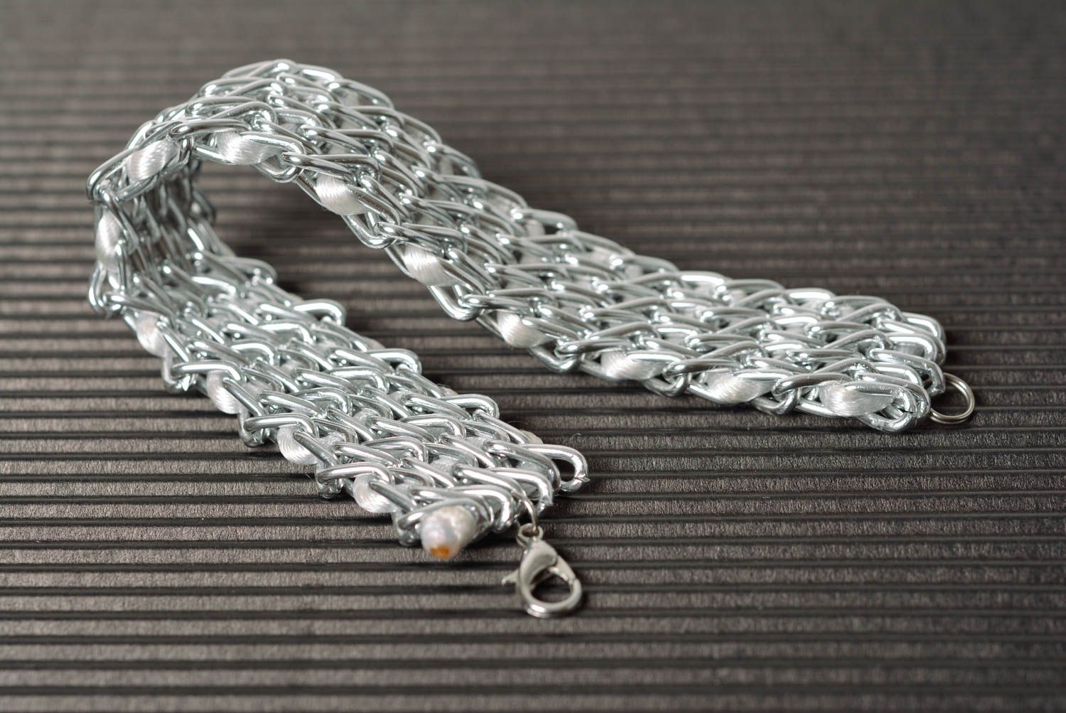 Handmade designer casual metal woven wrist bracelet with caprone thread photo 3