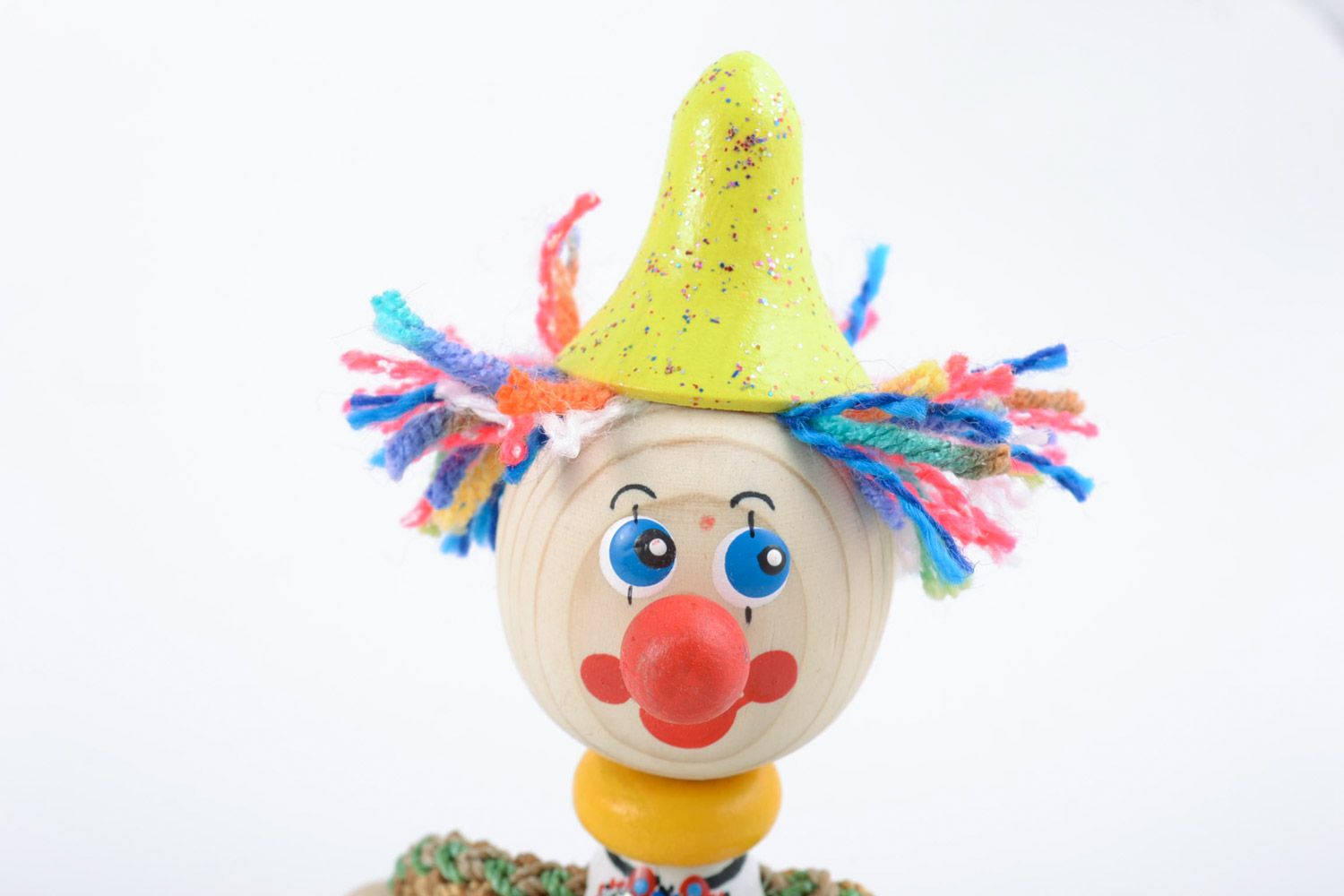 Bright painted homemade wooden eco toy clown with yellow hat for children photo 3