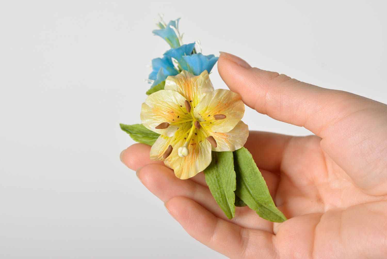 Handmade decorative hair clip with Japanese polymer clay blue flowers and lily photo 1