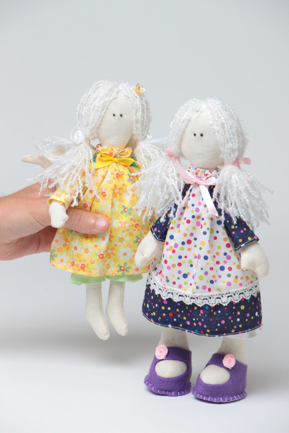Set of 2 handmade designer fabric soft dolls in yellow and violet dresses photo 5