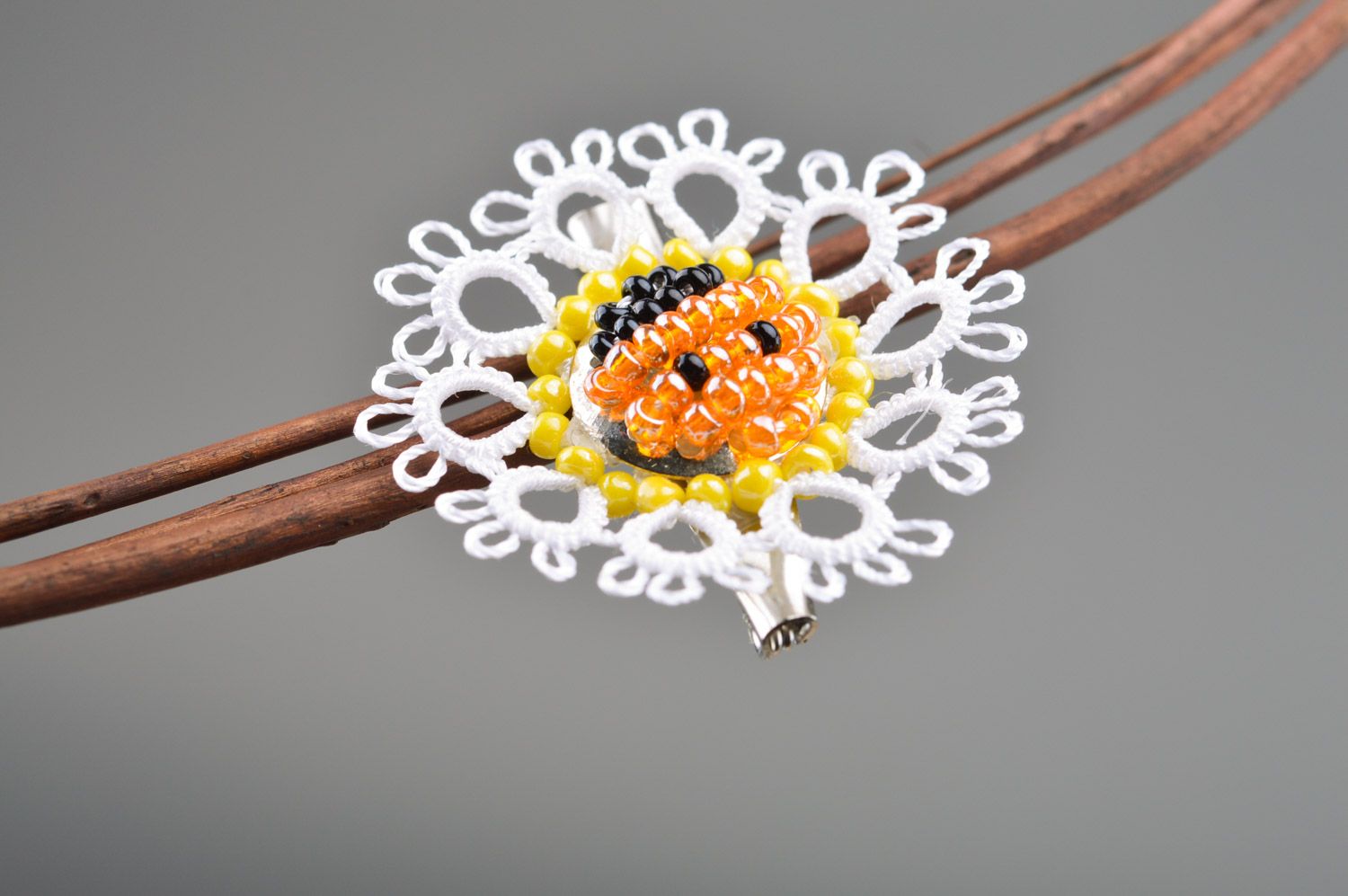 Handmade women's woven tatting brooch with beads of white color photo 2