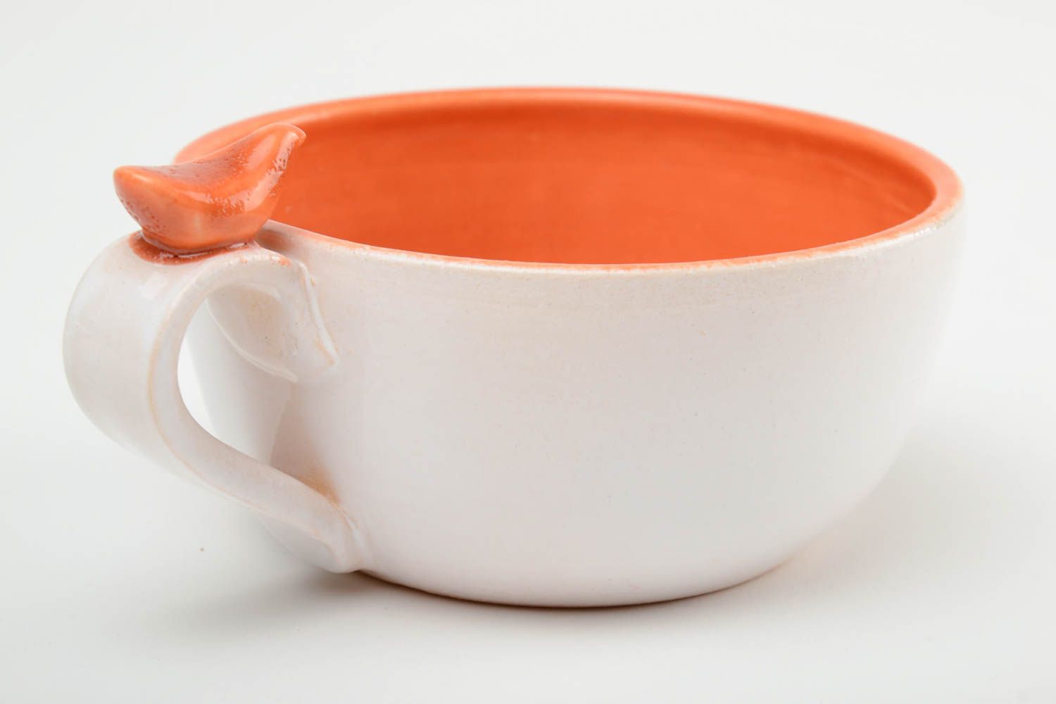Handgemachte glasierte Tasse aus Ton mit Vogel weiß orange 200 ml foto 4