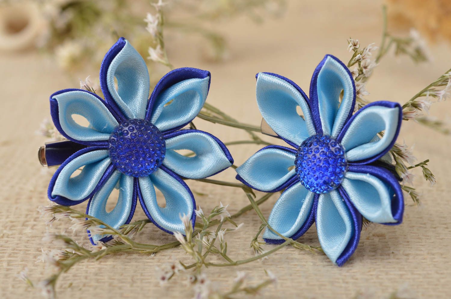Handmade jewelry set 2 flower hair clips kanzashi flowers gifts for girls photo 1