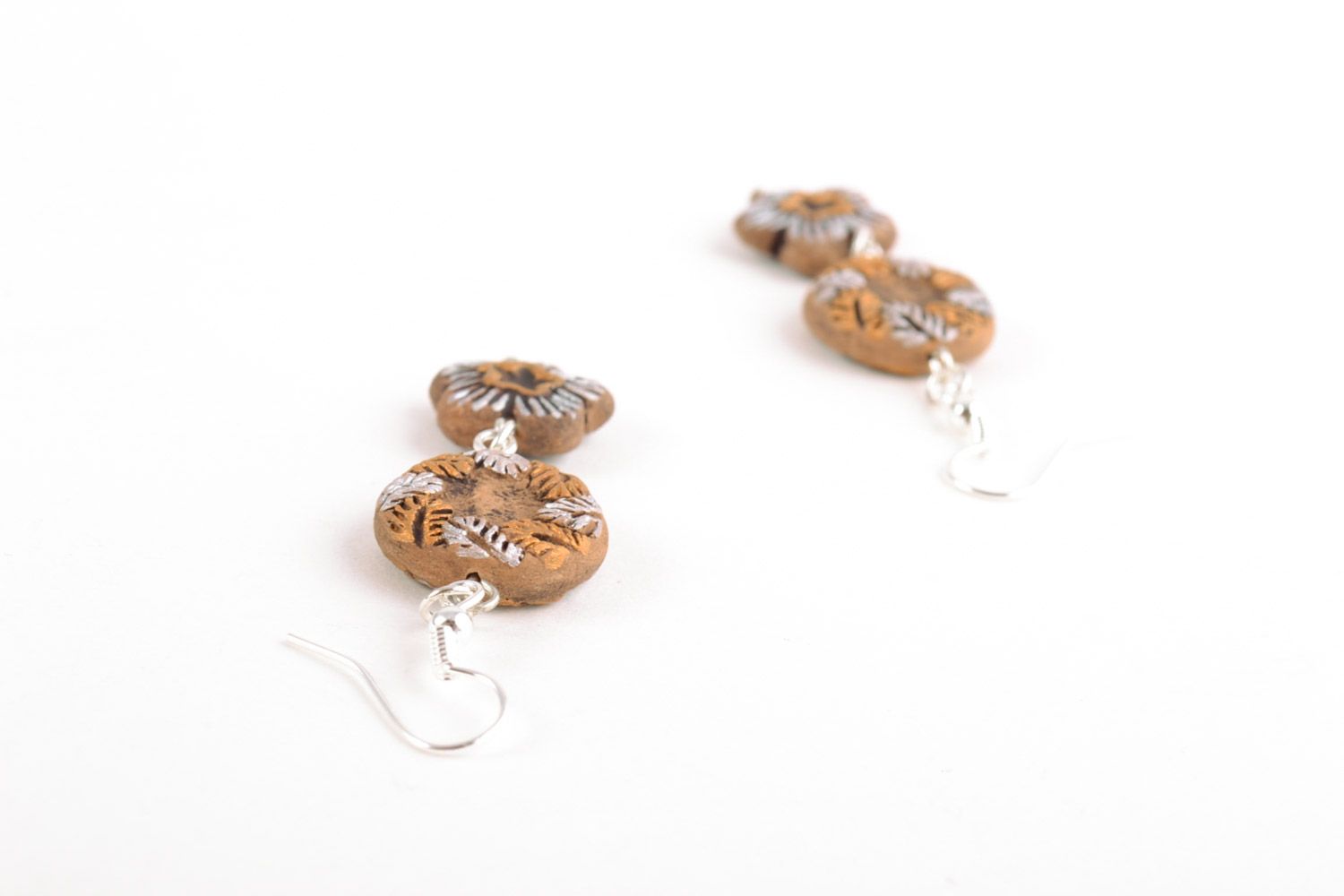 Cute handmade long dangling earrings molded of clay in boho style photo 4
