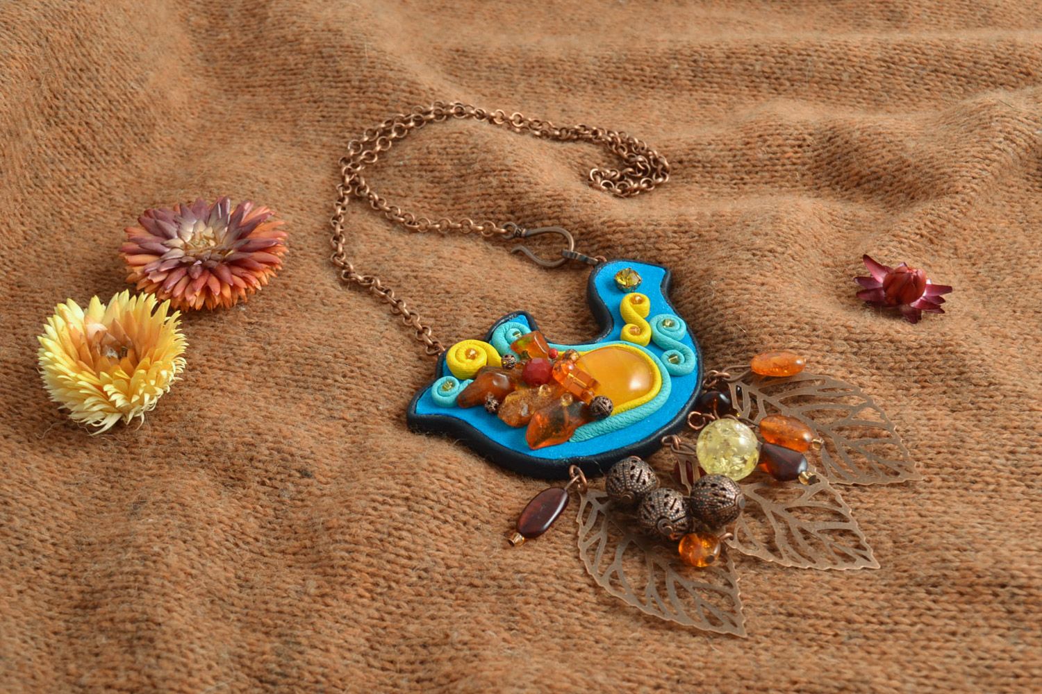 Handmade colorful necklace made of leather with natural gems in the form of a bird  photo 1