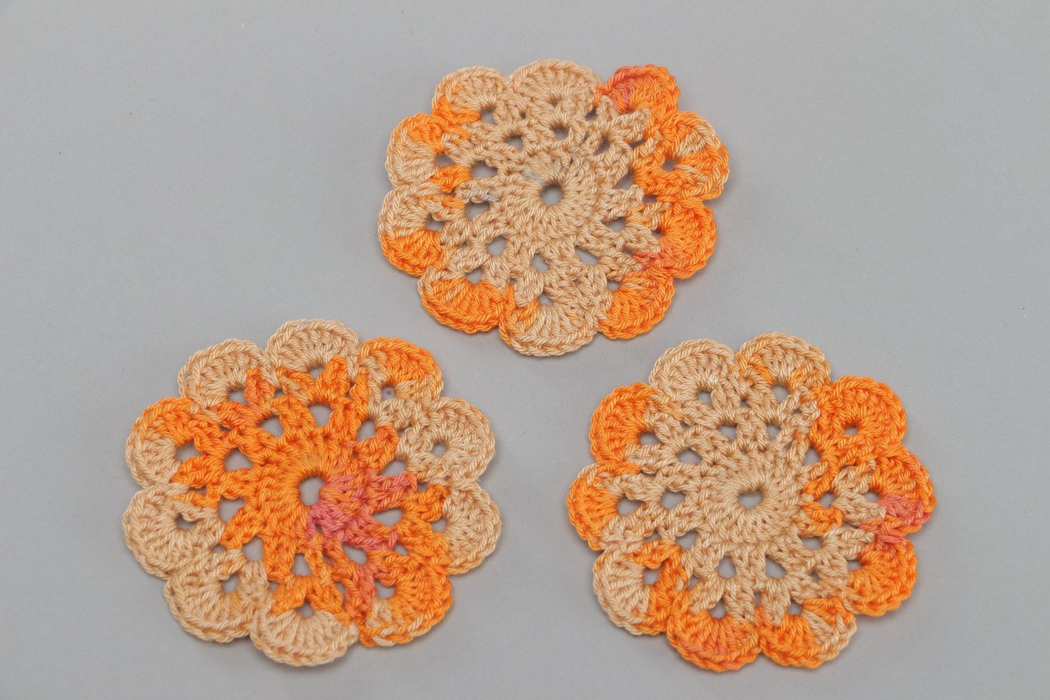 Set of handmade orange crochet cotton coasters for cups 3 pieces photo 2