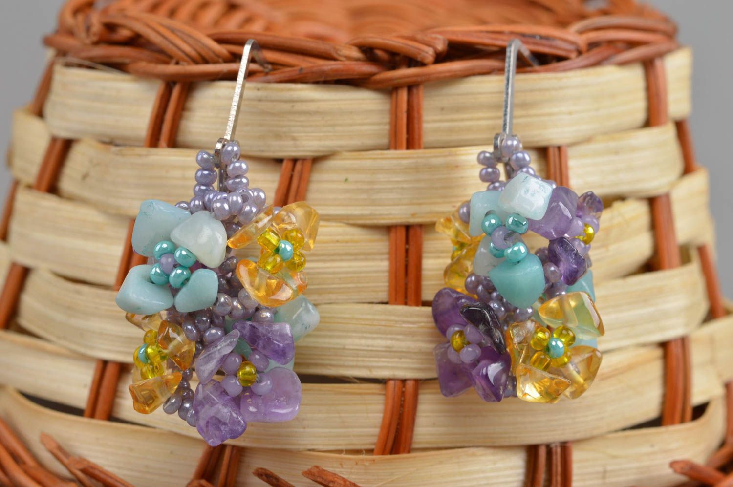 Earrings made of natural stones with beaded colored accessory delicate jewelry photo 1