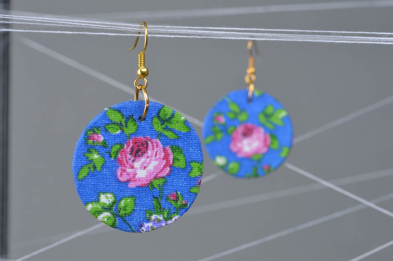 Beautiful romantic handmade designer blue fabric earrings with flower print photo 1