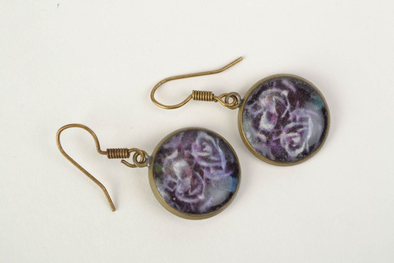 Handmade violet decoupage round earrings with epoxy resin photo 3