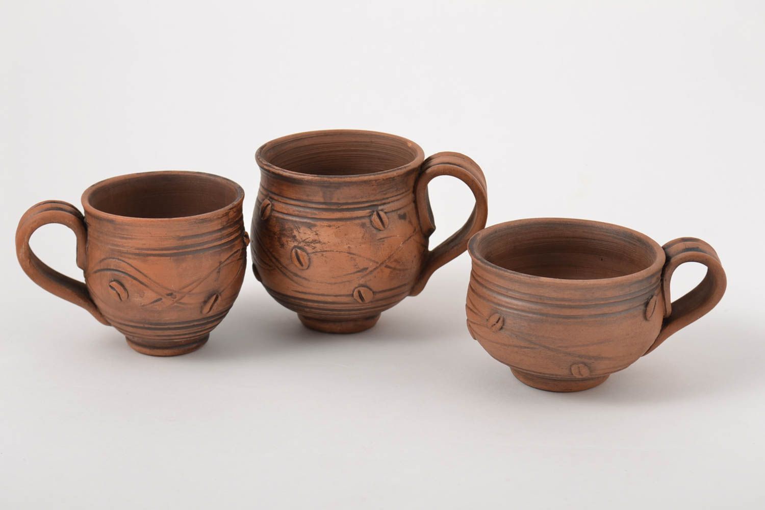 Set of 3 three coffee clay cups in a different style with handles and coffee beans décor 3,5 oz and 1 lb  photo 2