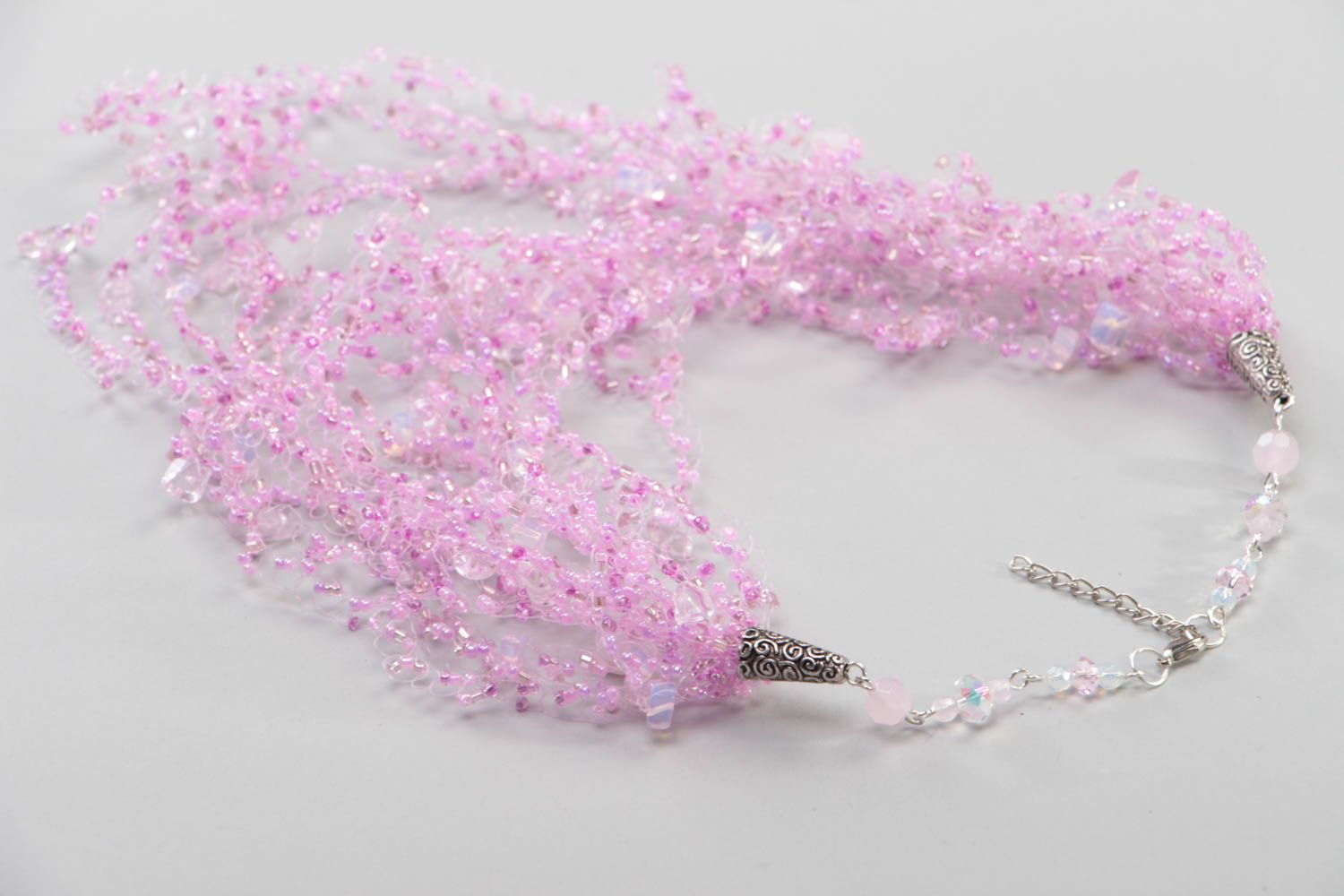 Handmade cute pink necklace light beaded accessory stylish light jewelry photo 4