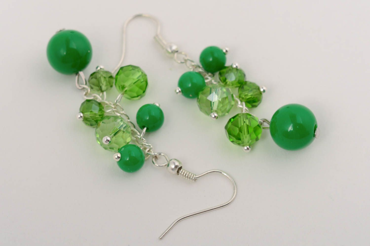 Handmade designer long dangle earrings with green plastic and crystal beads photo 5