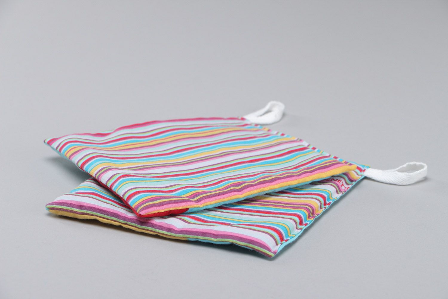 Set of two square pot holders sewn of colorful striped cotton fabric for kitchen photo 3