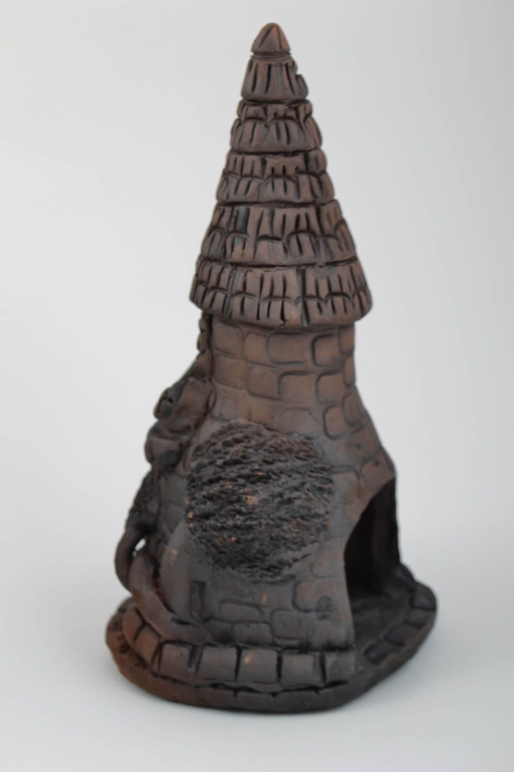 Глиняная аромалампа темная в виде высокой башни оригинальная ручной работы фото 2