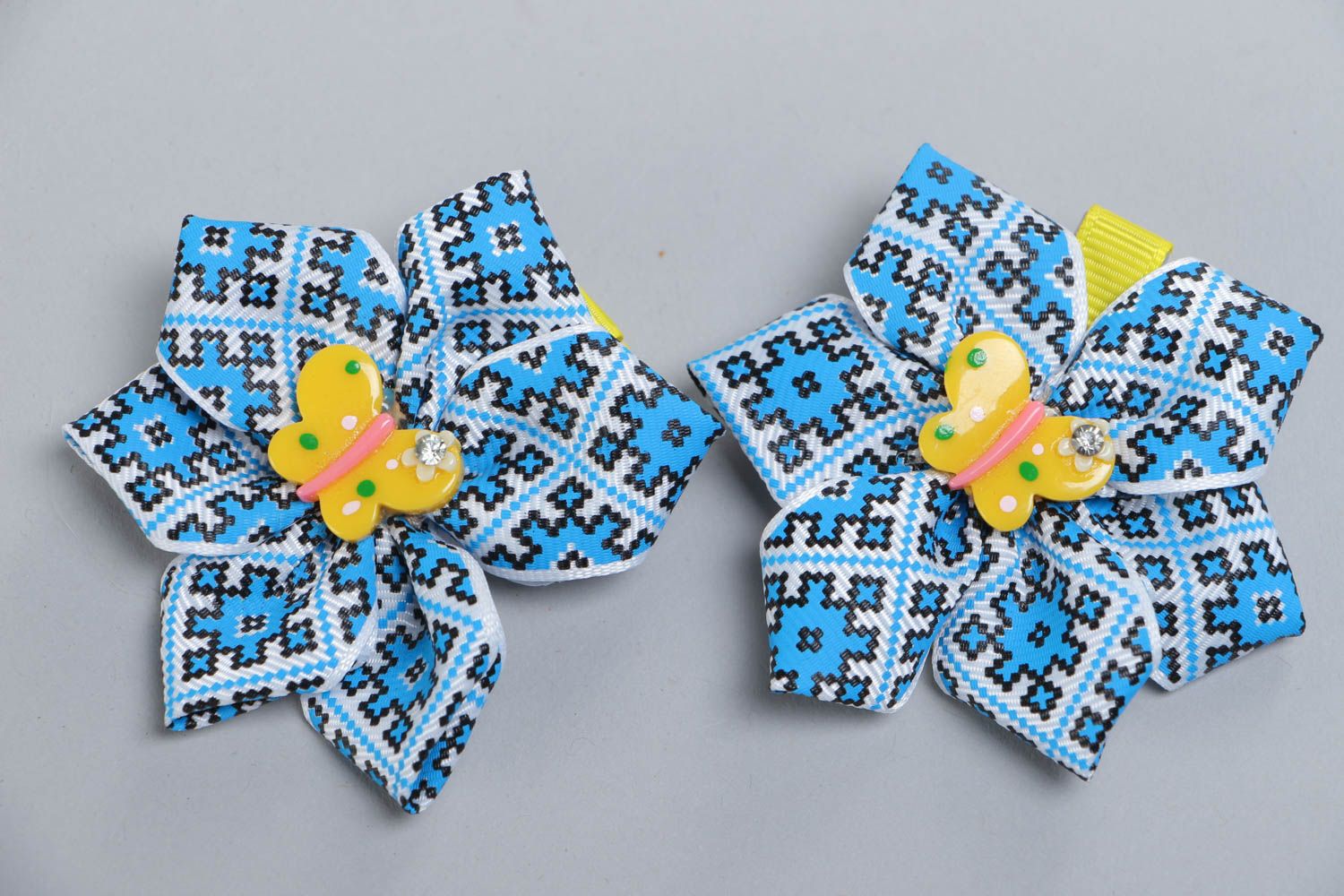 Bright blue handmade children's textile hair bows set 2 pieces photo 2