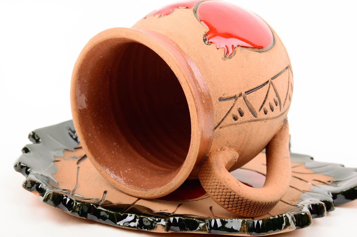 Handmade Tasse mit Unterteller schöne Kaffeetasse Ton Geschirr Granatapfel foto 3