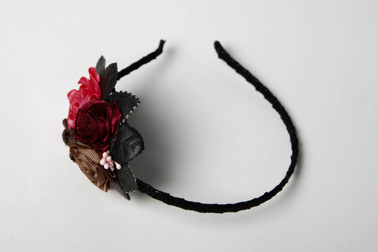 Serre-tête fleurs Accessoire cheveux fait main fin cuir satin Cadeau original photo 3