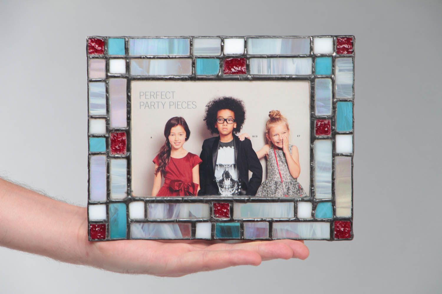 Handmade decorative stained glass photo frame in blue and red color palette photo 5