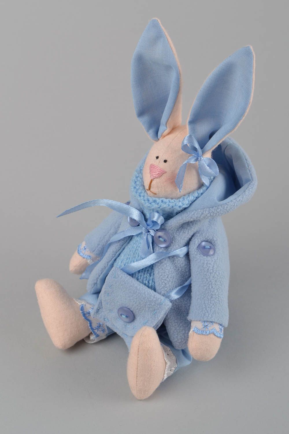 Handmade designer soft toy beige rabbit in blue fleece coat for interior decor photo 1