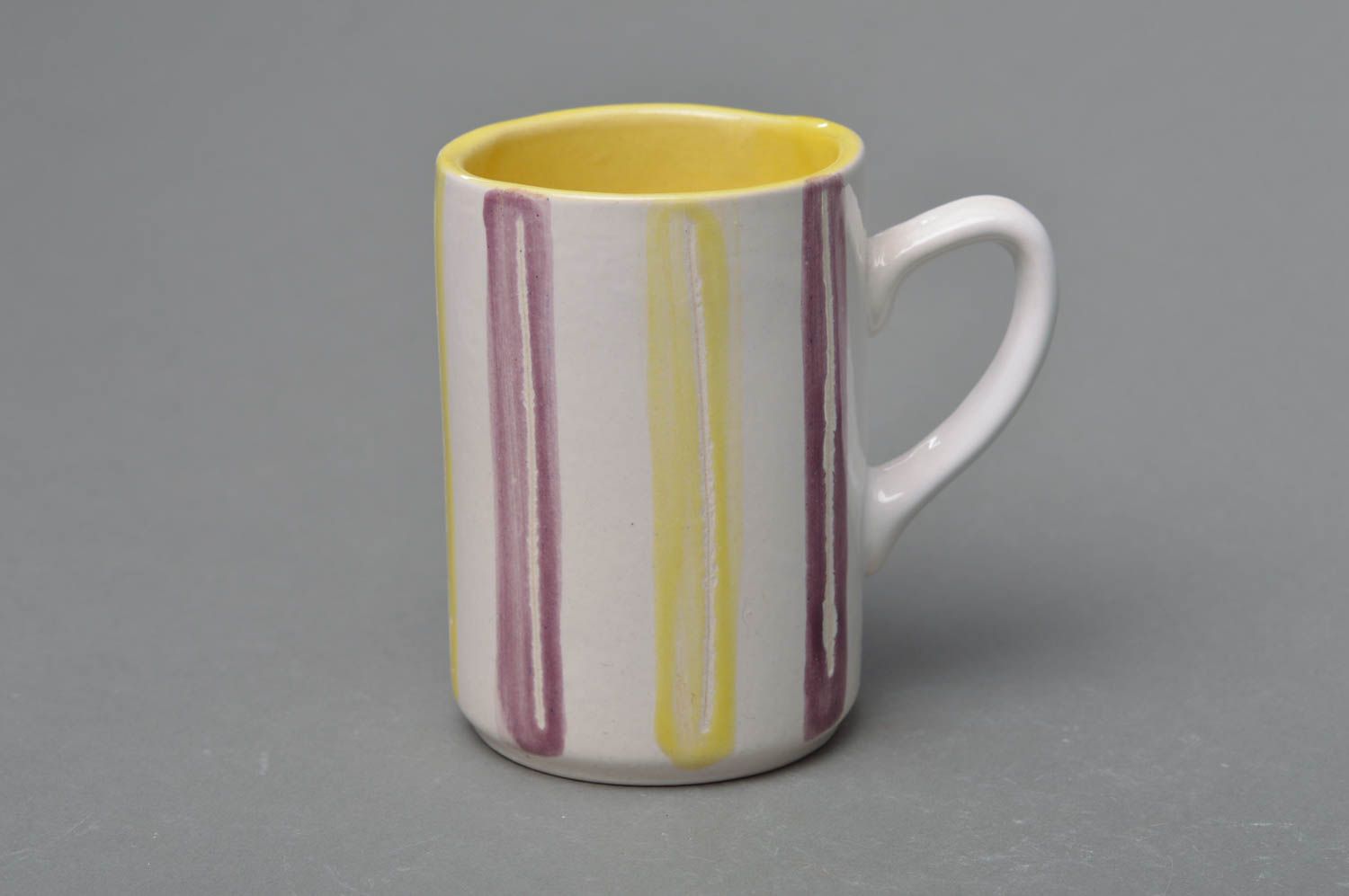 Porcelain ceramic tall coffee mug in white yellow and cherry colors with handle photo 1