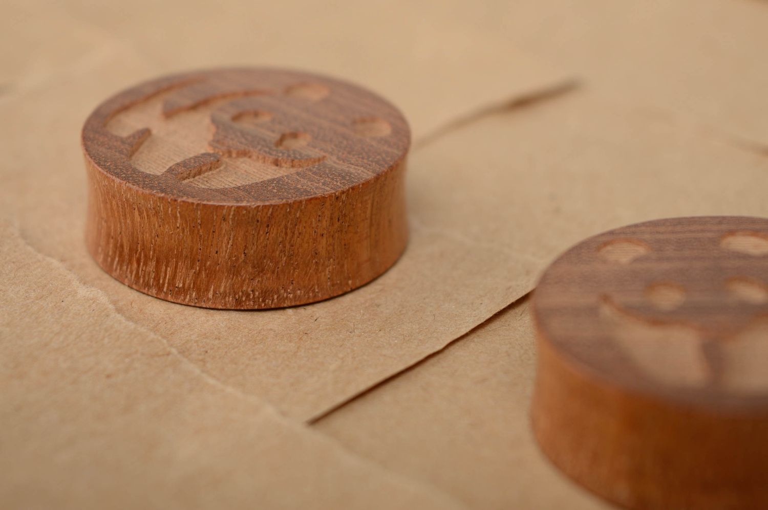 Wooden ear plugs with engraving in the shape of bears photo 5