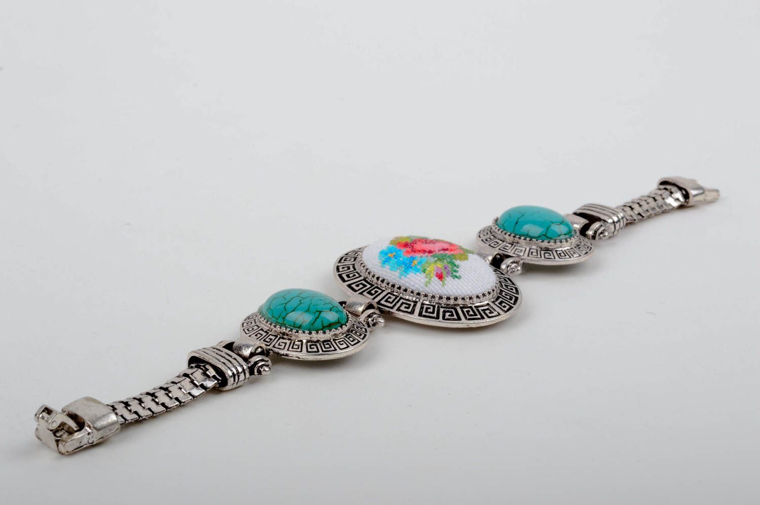 Handmade designer metal jewelry unusual embroidered bracelet wrist jewelry photo 2