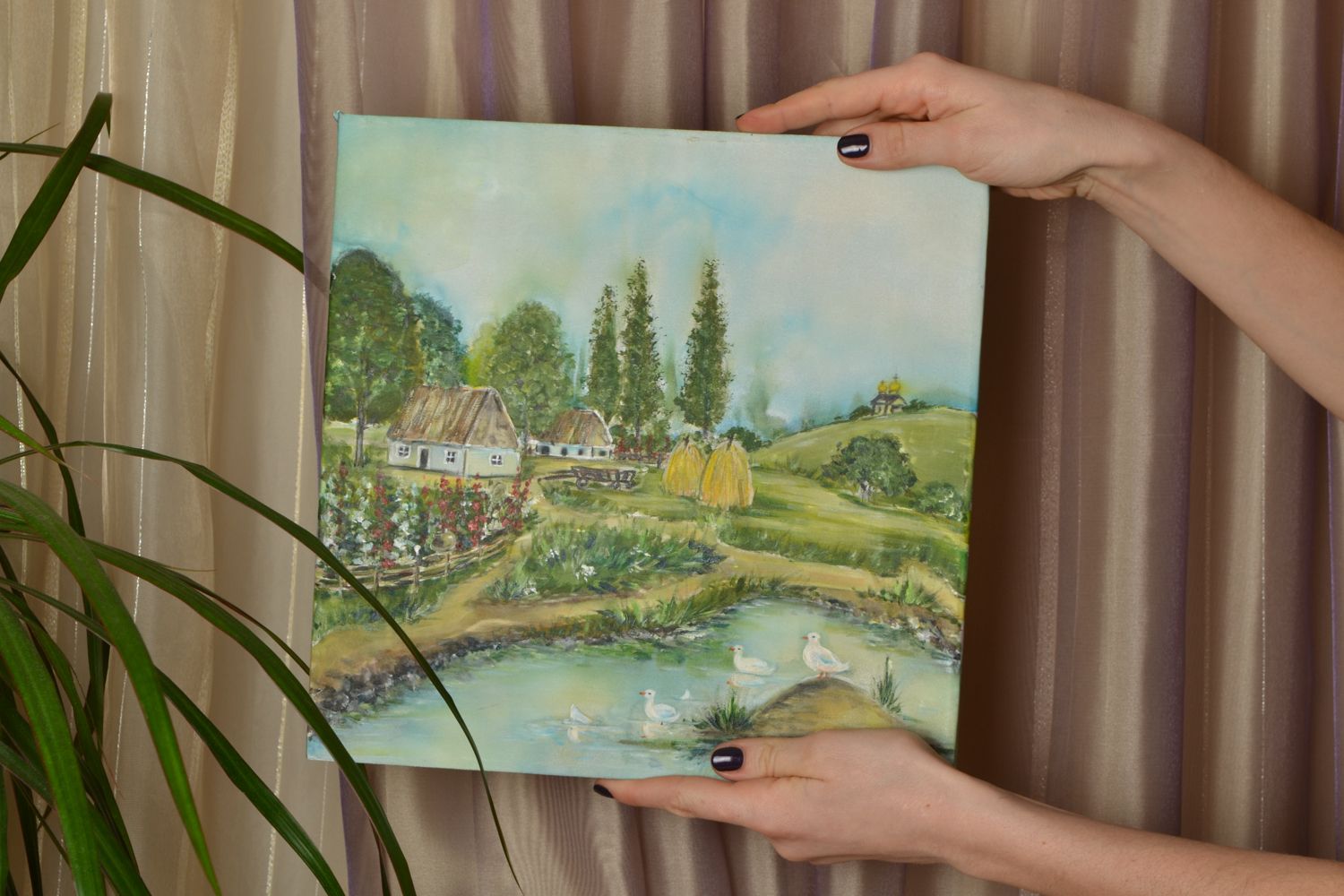 Peinture contemporaine avec paysage faite main Village photo 2