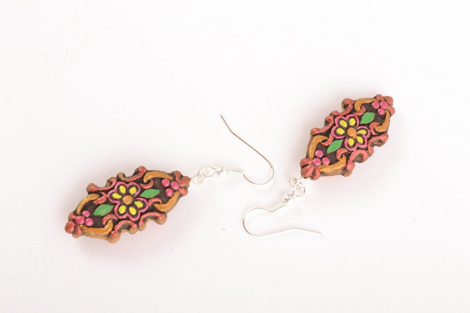 Elegant small ceramic earrings painted with colorful acrylics handmade photo 5