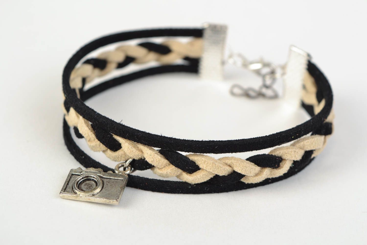 Handmade bracelet with charms unusual suede bracelet stylish accessory photo 3
